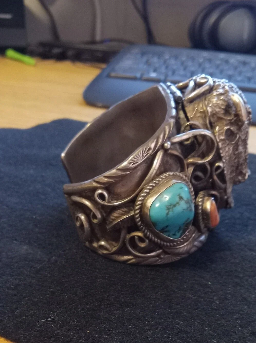 Sterling Silver Buffalo Cuff/watch Bracelet with Turquoise and Coral NAVAJO 1970